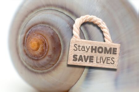 Coronavirus - Stay home save lives - snake shell with door sign and letteringの写真素材