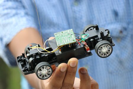 Inside view of toy remote control car also called as radio controlled carの写真素材