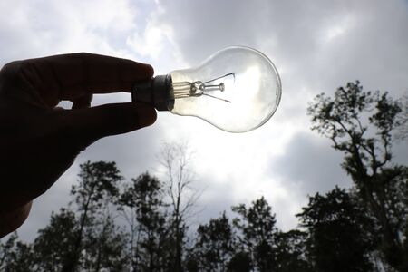 Bulb held towards sky in sunlight with nature background