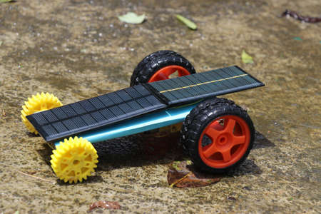 Solar powered car (working model) built at home which is very small in size and it is used to understand the working principle of actual solar car which runs using solar energyの写真素材
