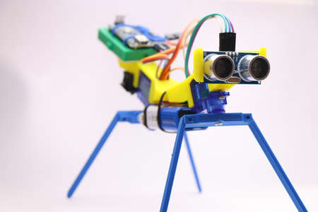Creative robotic project made using 3D printed parts. Arduino and ultrasonic sensor walking robotの写真素材