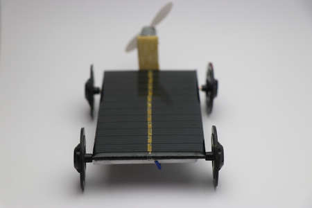 Small car that runs on solar energy. Solar air car working model built at home as hobby projectの写真素材