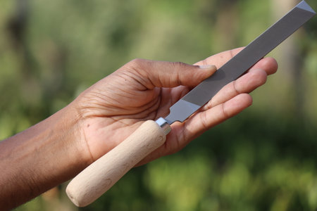 Iron file held in the hand on a nature backgroundの写真素材