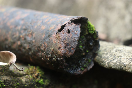 Piece of rusty pipe in weathered condition. Abandoned iron pipe with rust and algaeの写真素材