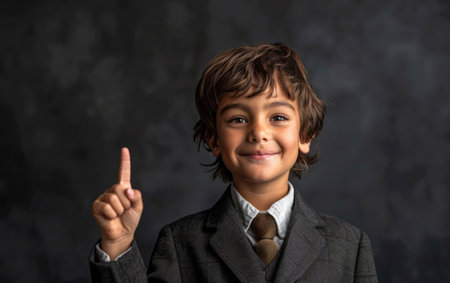 A boy in a business suit appears to be presenting an idea or gesturing insight, as denoted by his raised index finger. The boy's expression is one of confidence and enthusiasm.の素材