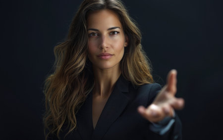 She displays a friendly yet professional demeanour, set against a dark background, highlighting her engagement in a potential greeting or agreement.の素材