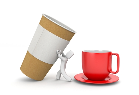 Man pouring coffee from a paper cup to the mugの写真素材