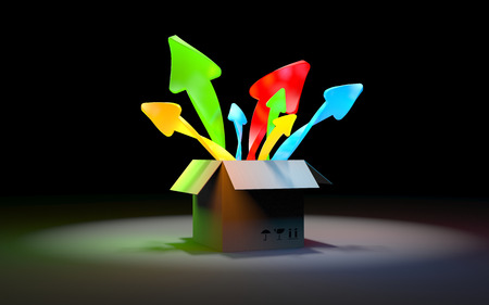 Ordinary cardboard box which pop up in different directions, color arrowsの写真素材