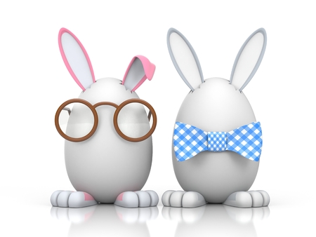 Easter Bunny sitting in the eggs. One hare obviously male with butterfly - grey, the other a rabbit with glasses clearly female - pink.の写真素材
