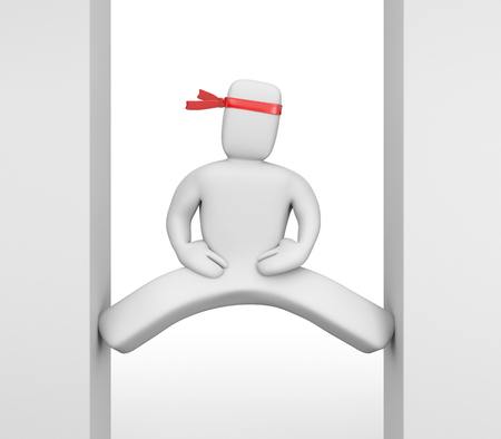 White character with a red bandage on his head, doing the splits on two vertical white walls!の写真素材