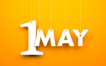 White word "1 may" suspended by ropes on orange background. Illustration for the may holidaysの写真素材