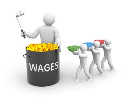Distribution of salaries. White character holding a ladle and a large black pot with gold coins and inscription WAGES. Another man with a green bowl, standing and waitingの写真素材