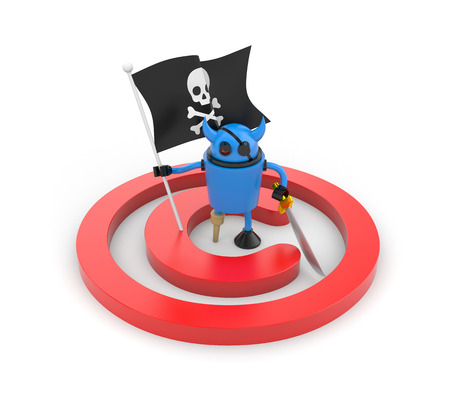 Blue robot pirate with a wooden leg, sword and a flag with Jolly Rogerの写真素材