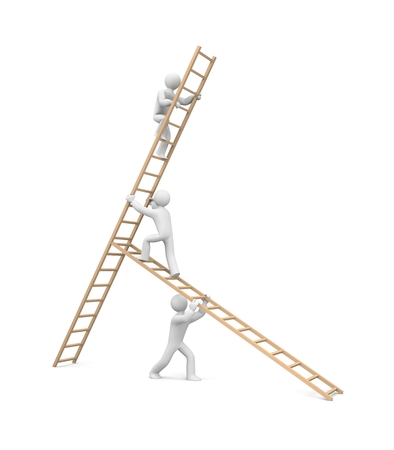 Three men are building a construction from ladders to climb on the topの写真素材