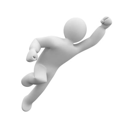 3D man in the pose of a superhero flies to the rescueの写真素材