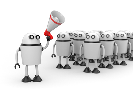 Robot with megaphone speaks to other robotsの写真素材