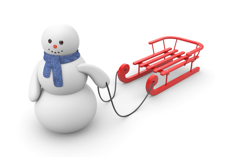 Snowman goes to ride on red sled. Illustration for winterの写真素材