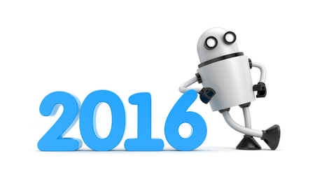 Robot leaning on 2016. New year metaphor