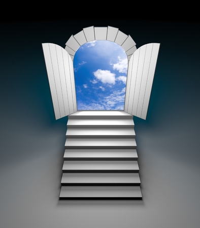 Door to blue clear sky with steps. 3d illustrationの写真素材