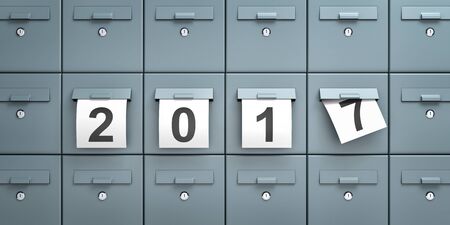 Mailboxes with sheets of paper with digits 2017. 3d illustration