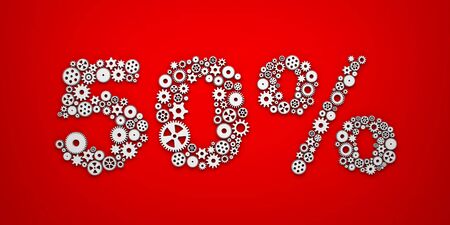 Gears and cogs form text - 50%. Sale metaphor. 3d illustration