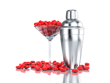 Cocktail glass filled with hearts with cocktail shaker. 3d illustrationの写真素材