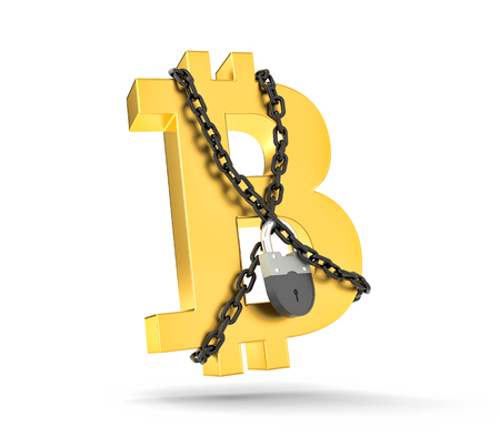 Sign of bitcoin tangled in chains. 3d illustrationの写真素材