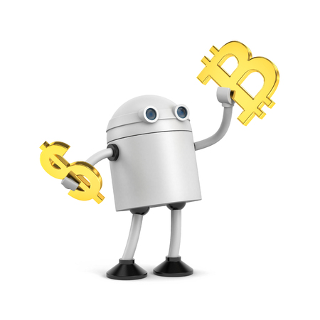 Robot hold bitcoin and dollar sign. Bitcoin VS dollar. 3d illustrationの写真素材