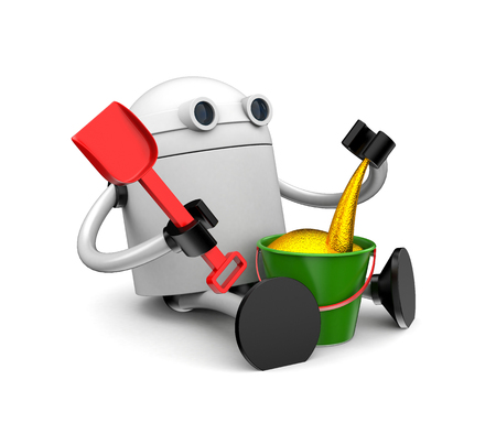 Robot plays with gold sand. 3d illustrationの写真素材