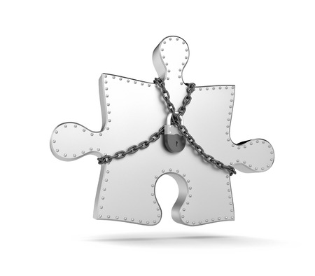 Steel puzzle entangled chains and closed on padlock. 3d illustrationの写真素材