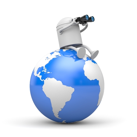 The robot looks to the future through binoculars. 3d illustrationの写真素材