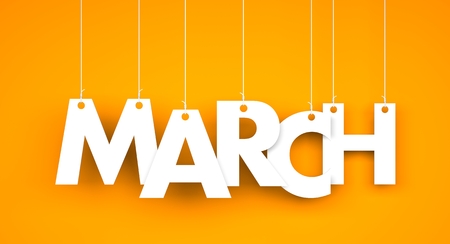 White word MARCH on orange background. New year illustration. 3d illustrationの写真素材