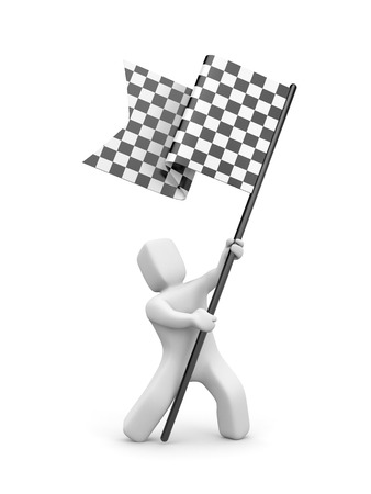 3d man holding a black and white checkered flag. 3d people collection. 3d illustrationの写真素材