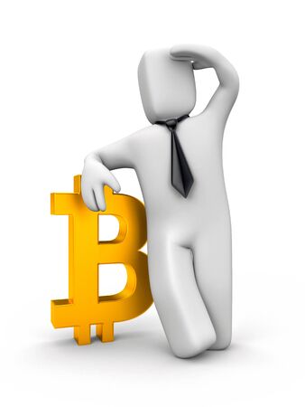 Businessman leaning on Bitcoin. 3d illustrationの写真素材