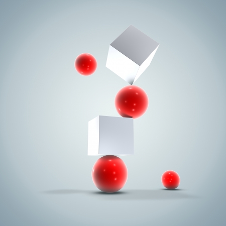 Abstract 3D Red Balls and White Cubes Balance Background Texture Designの写真素材