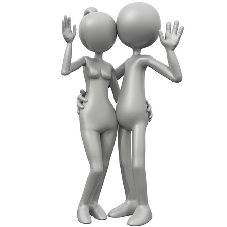 3d Couple Waving isolated in whiteの写真素材