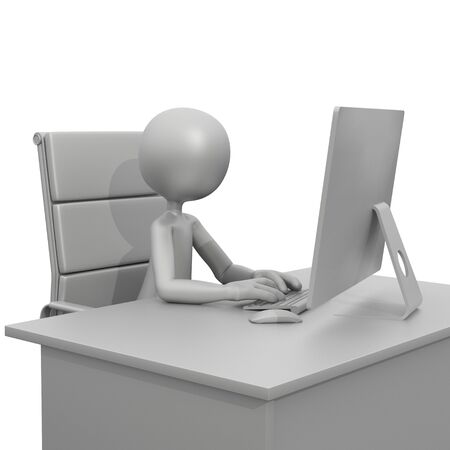 3D Guy Sitting at Desk with Computerの写真素材