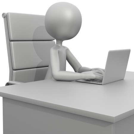 3D Guy Sitting at Desk with Laptopの写真素材