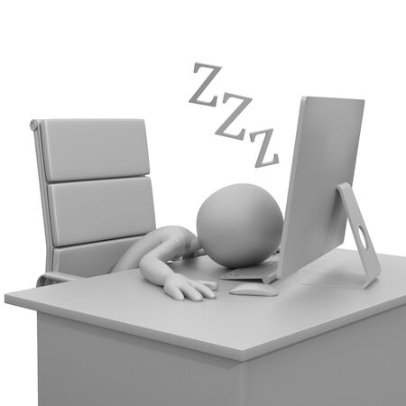 3D Guy Sleeping at Desk with Computerの写真素材