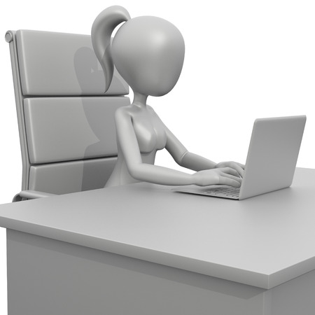 3D Girl Sitting at Desk with Laptopの写真素材