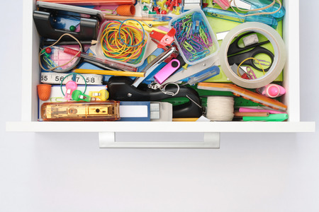 Elevated view of front  sides of stationery drawer with copy spaceの写真素材