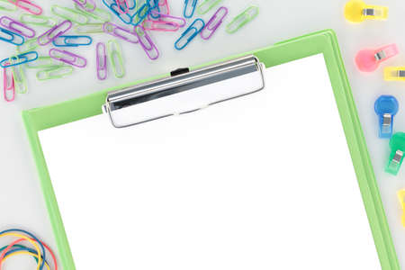 Overview of stationery with paper and penの写真素材