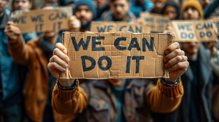 A sign held in both hands says WE CAN DO IT in black letters on cardboard. Manifestation of hope, crowd brandishing inspiring, positive and empowering messagesの素材