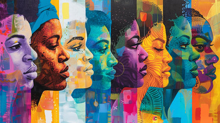Artistic tribute to the equality and power of Afro women. The colorful faces blend together and represent the diversity and strength of Afro-descendant womenの素材