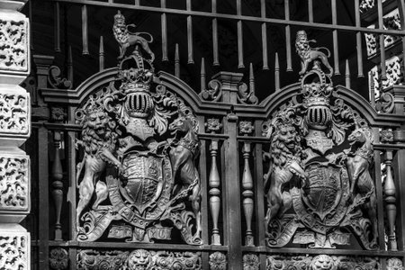 black and white photo of a door building in London, England, UKのeditorial素材