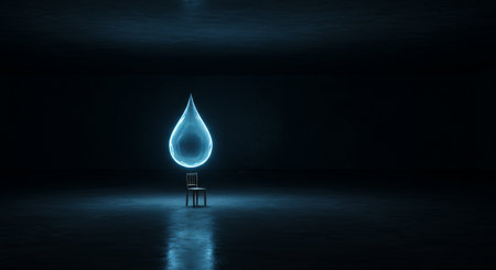 A metaphor for loneliness and sadness. A single glowing teardrop illuminates the vast emptiness, symbolizing the profound weight of solitude.の素材