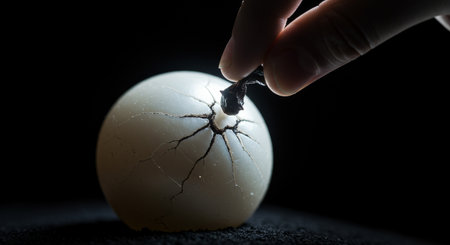 A shadowy hand plants a thorny obsidian seed into a perfect pearl, causing it to crack. A metaphor for how a single doubt can corrupt confidence.の素材