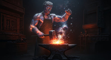 A god-like blacksmith with arms of nebulae forges galaxies from cosmic energy. An epic metaphor for creation, the birth of the universe, and raw creative power.の素材