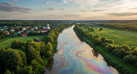 A beautiful, iridescent river of oil flows through a lush landscape, poisoning it. A powerful metaphor for the corrosive and destructive nature of lies.の素材