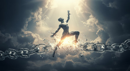 A figure breaks free from beautiful but restrictive glass chains. A metaphor for breaking bad habits and escaping the prison of routine.の素材